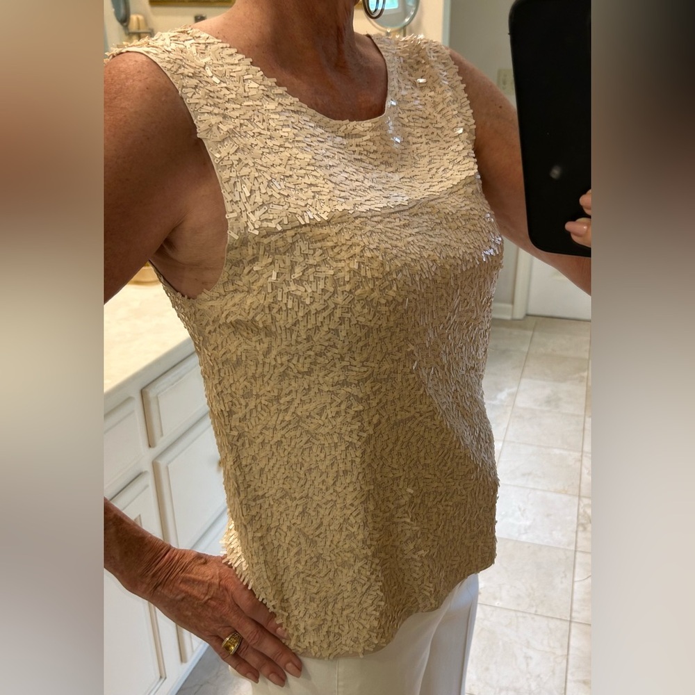 J. Crew rectangle sequin tank top, NWOT, cream and pale tan, pull over, Size Med - Picture 4 of 16